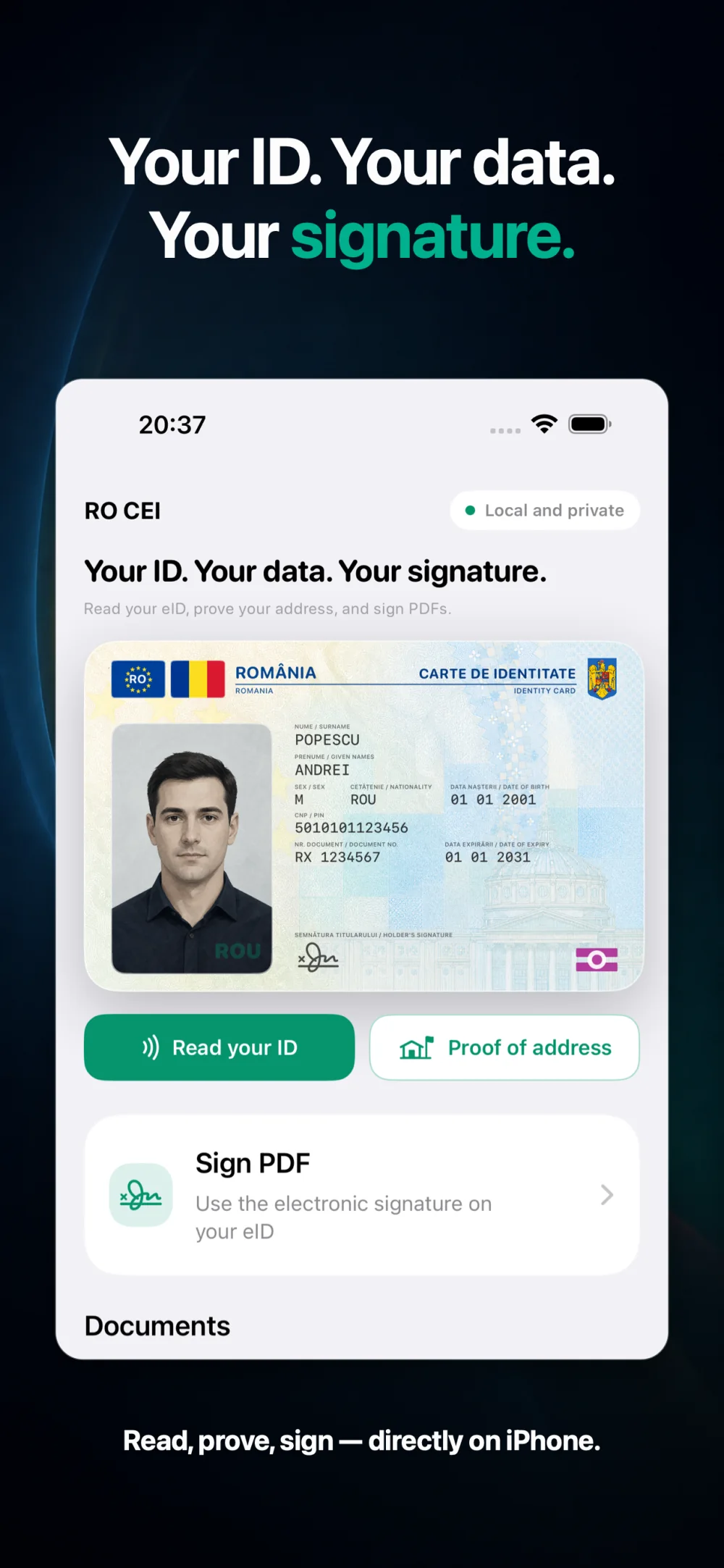 CEI One home screen with electronic identity card, address proof, PDF signing, and document actions
