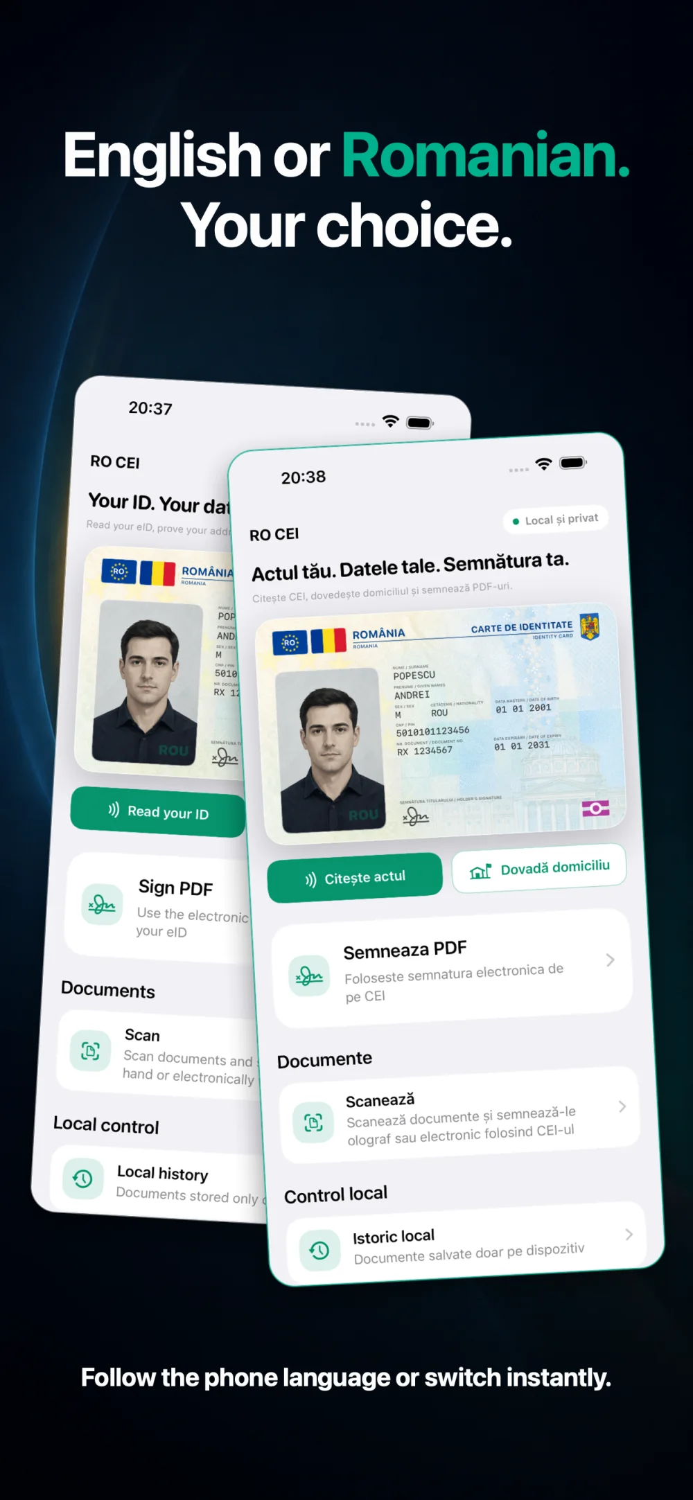 CEI One interface shown in English and Romanian