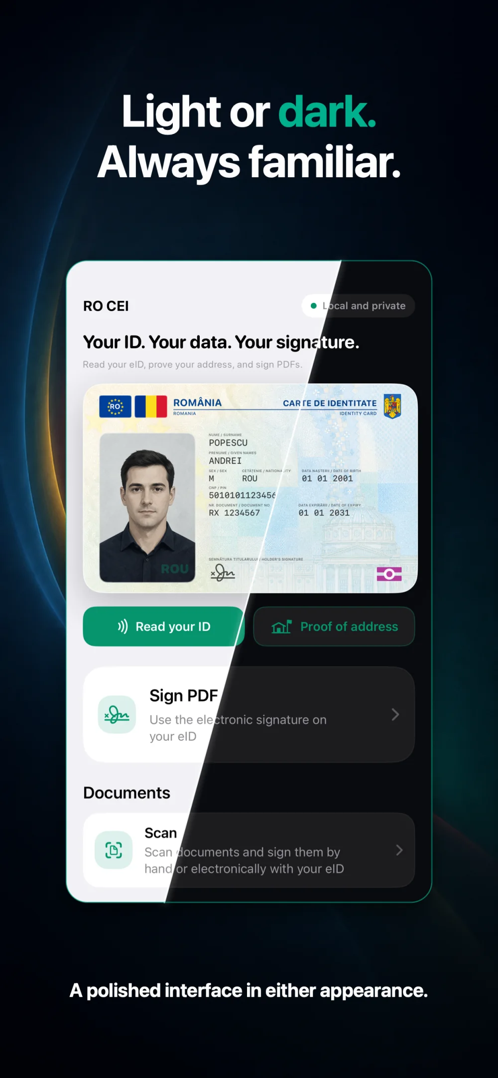 CEI One home screen shown across light and dark appearance modes