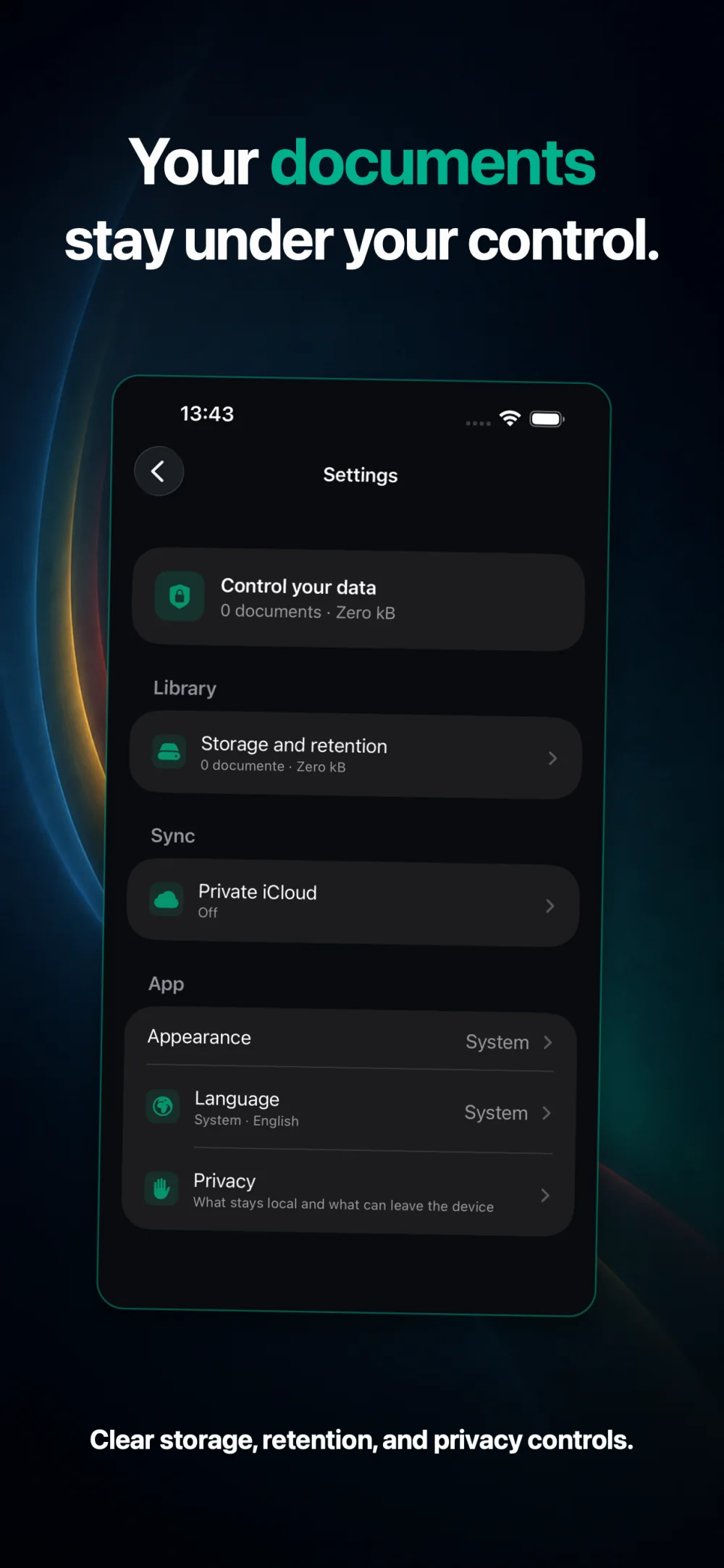 CEI One privacy and storage settings showing local document control