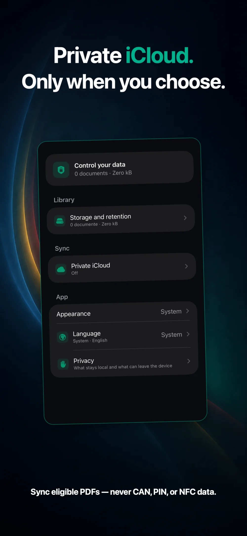 CEI One optional private iCloud settings with sensitive identity data excluded from sync