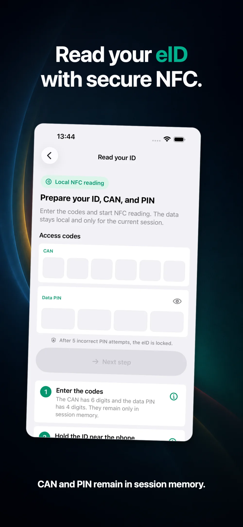 CEI One secure NFC identity-card reading flow with CAN and PIN entry