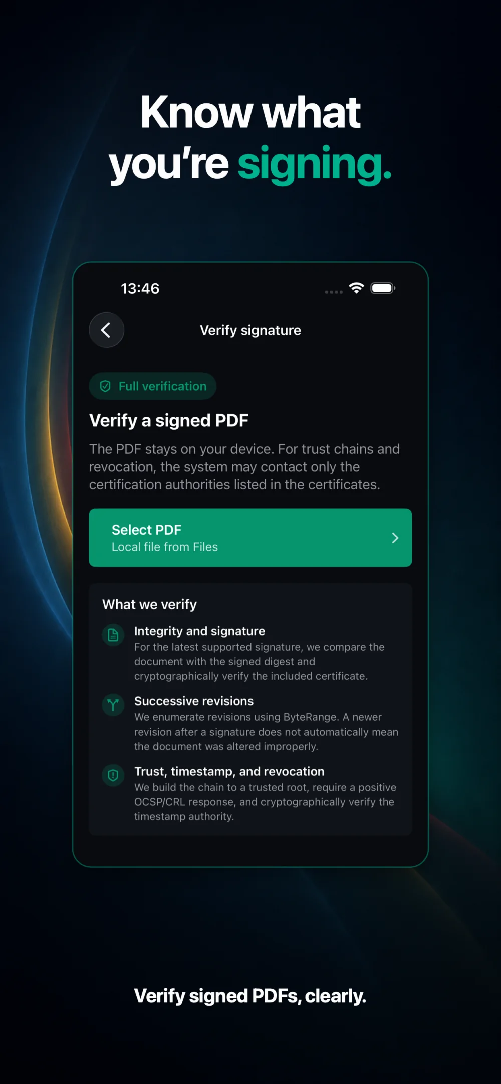 CEI One PDF signature verification screen covering integrity, trust chains, timestamps, and revocation