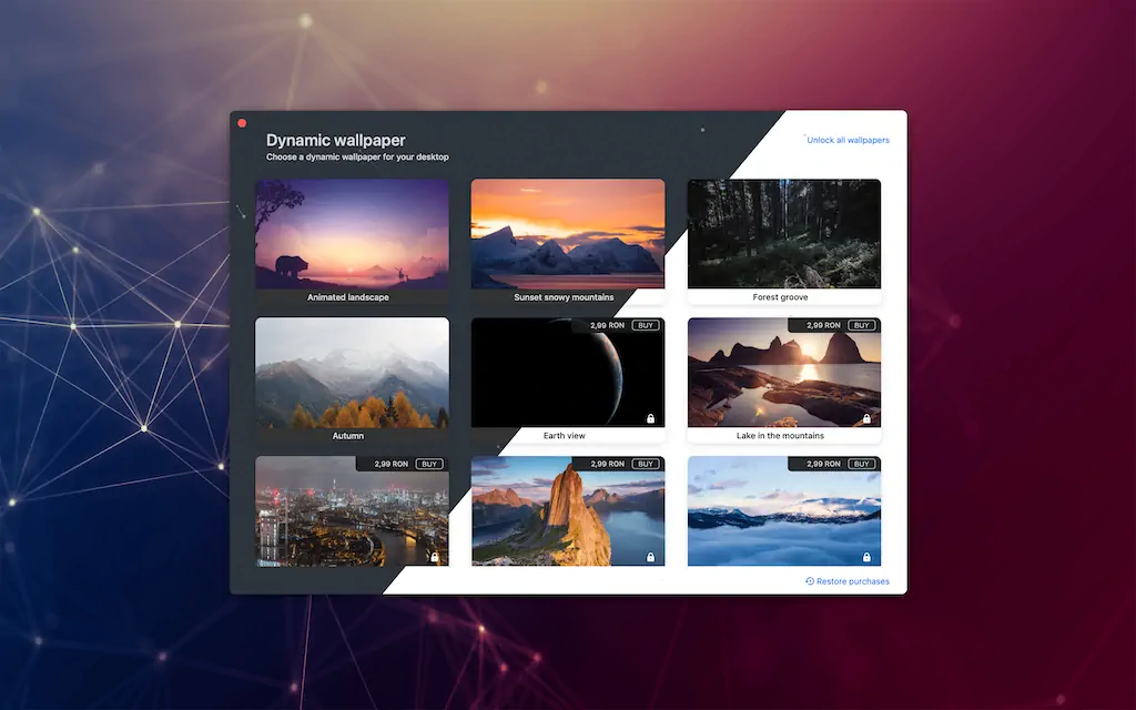 Dynamic Wallpaper catalogue showing animated landscapes and time-based desktop scenes