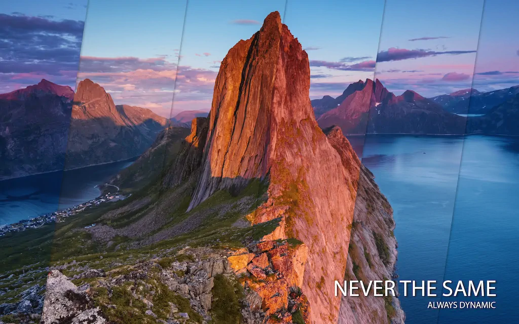A mountain landscape shown across several times of day with the message Never the same, always dynamic