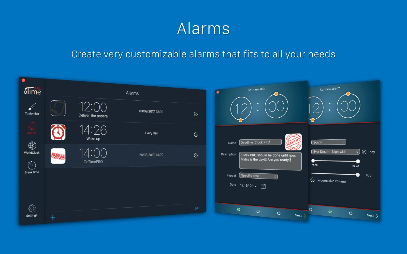 OnTime PRO alarm list and alarm-creation screens with schedule, sound, and progressive-volume controls