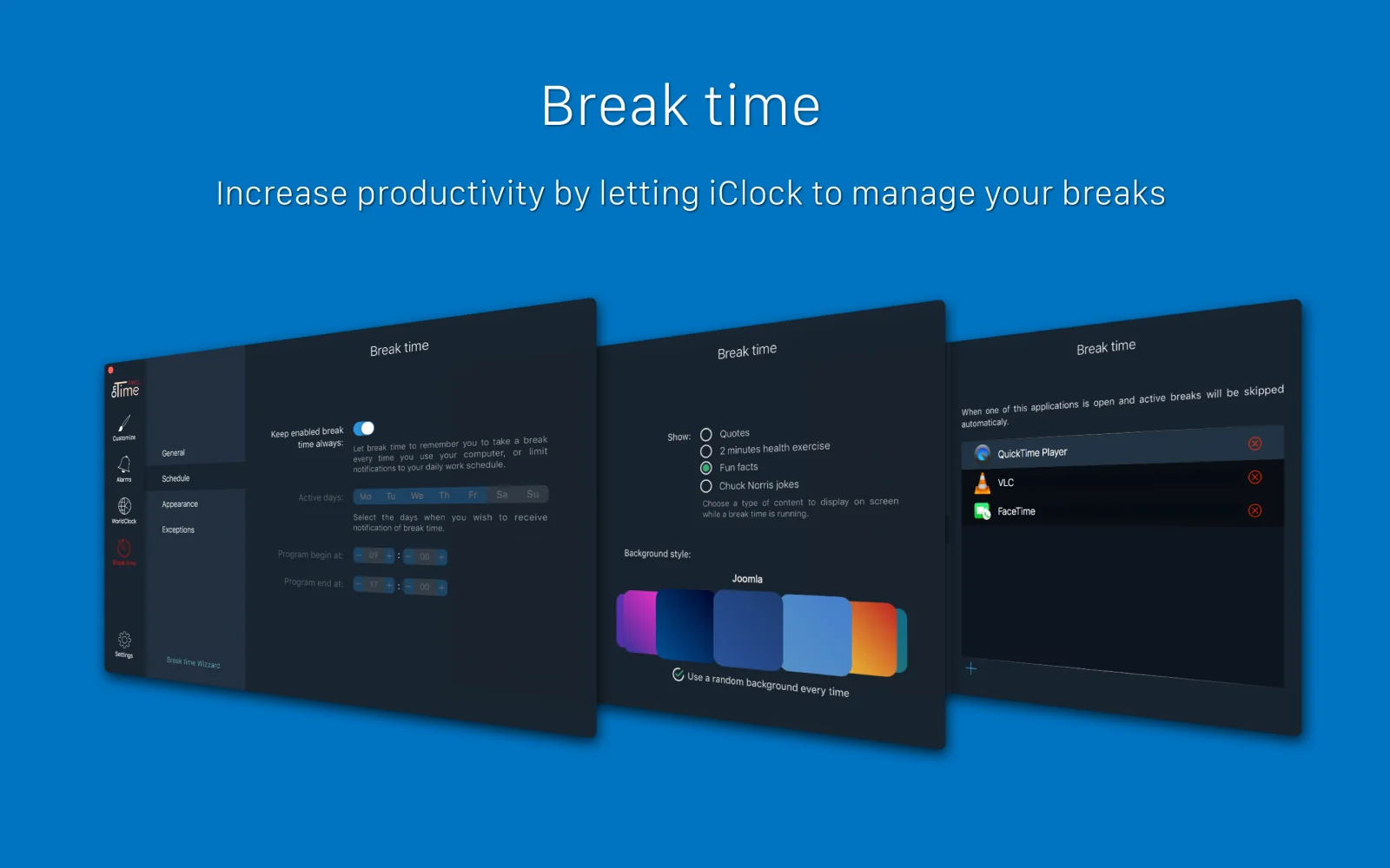OnTime PRO break-time scheduling, appearance, and application-exception controls