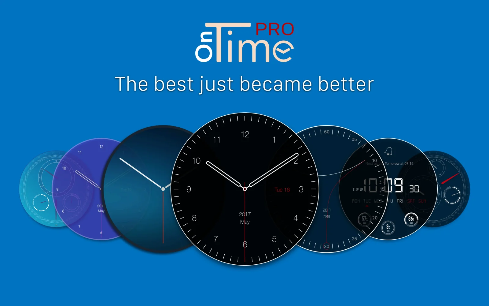 OnTime PRO overview with a collection of custom analog, digital, and system-monitoring clocks