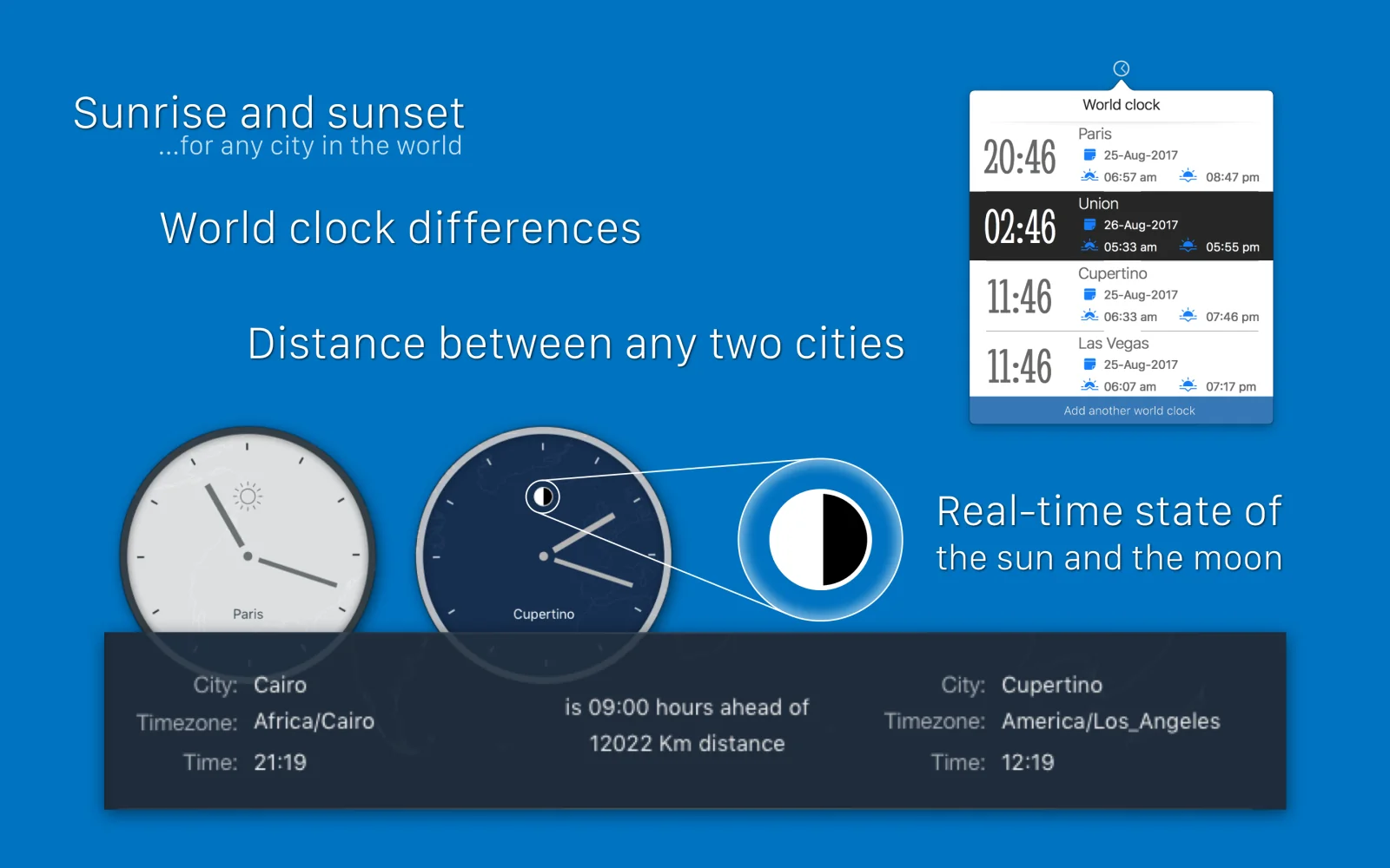 OnTime PRO visual explanation of world-clock differences, city distance, and sun and moon state