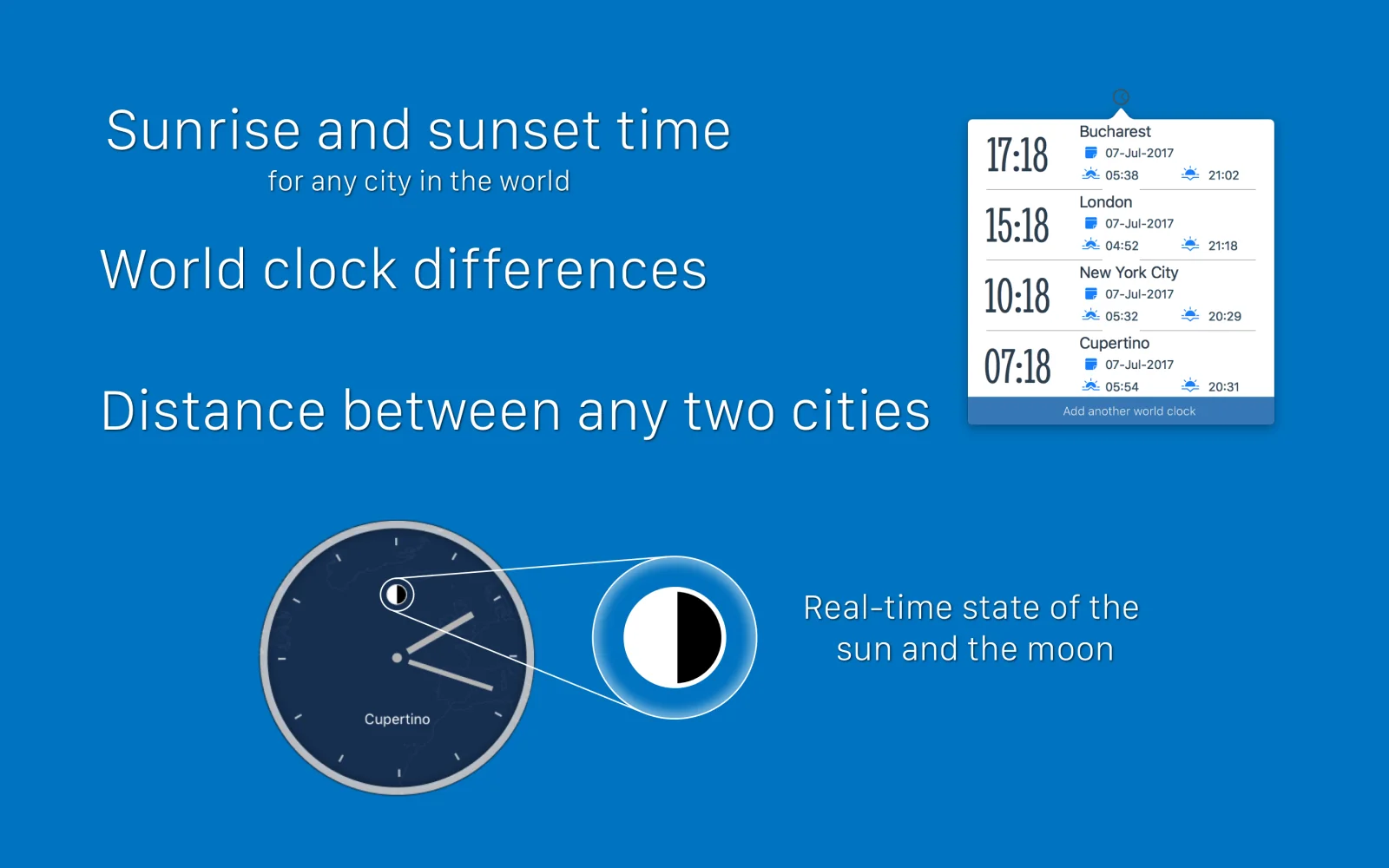 OnTime PRO world clock with multiple city times and sunrise and sunset information