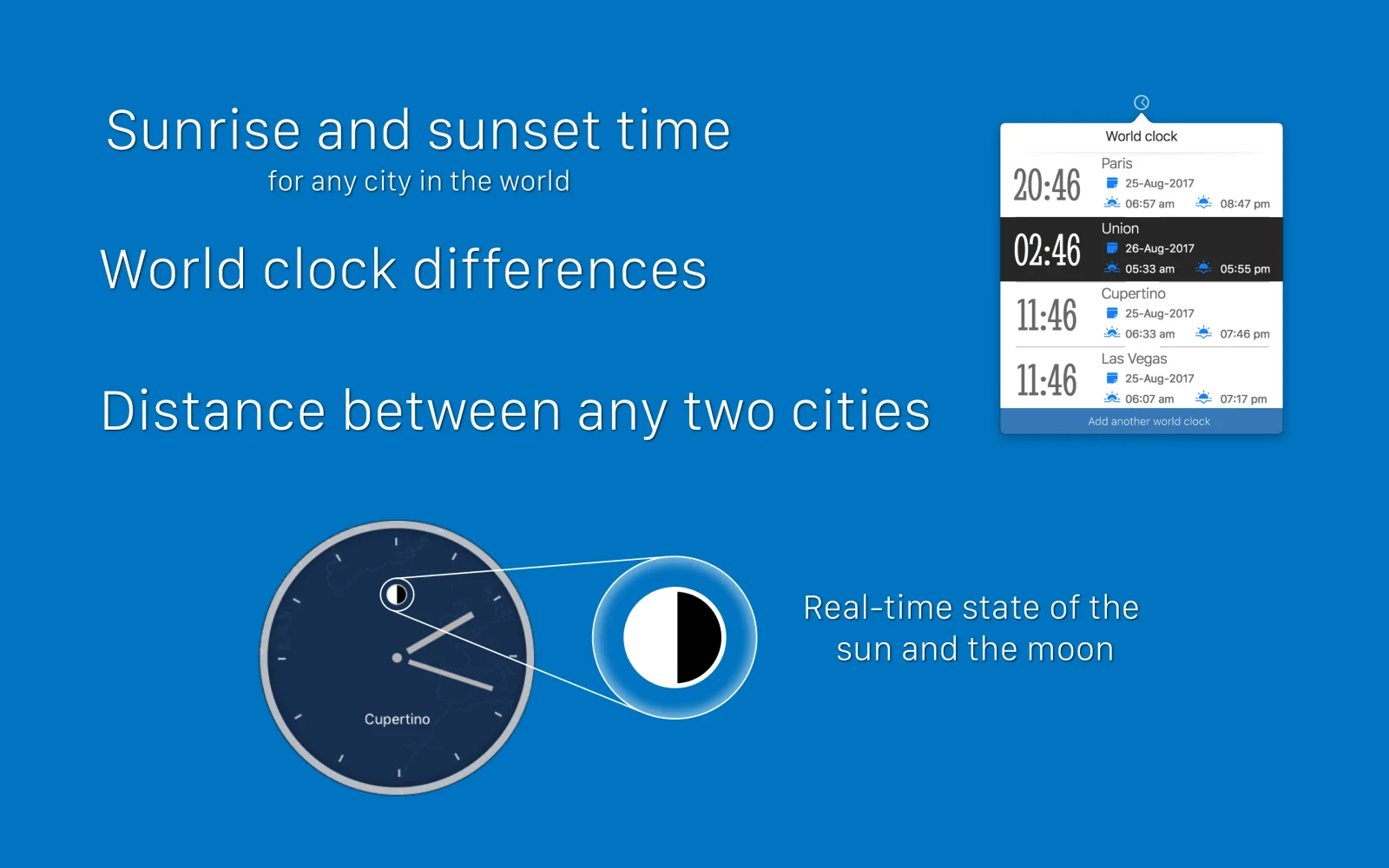 OnTime PRO world-clock details with city times, sunrise, sunset, and real-time sun and moon state
