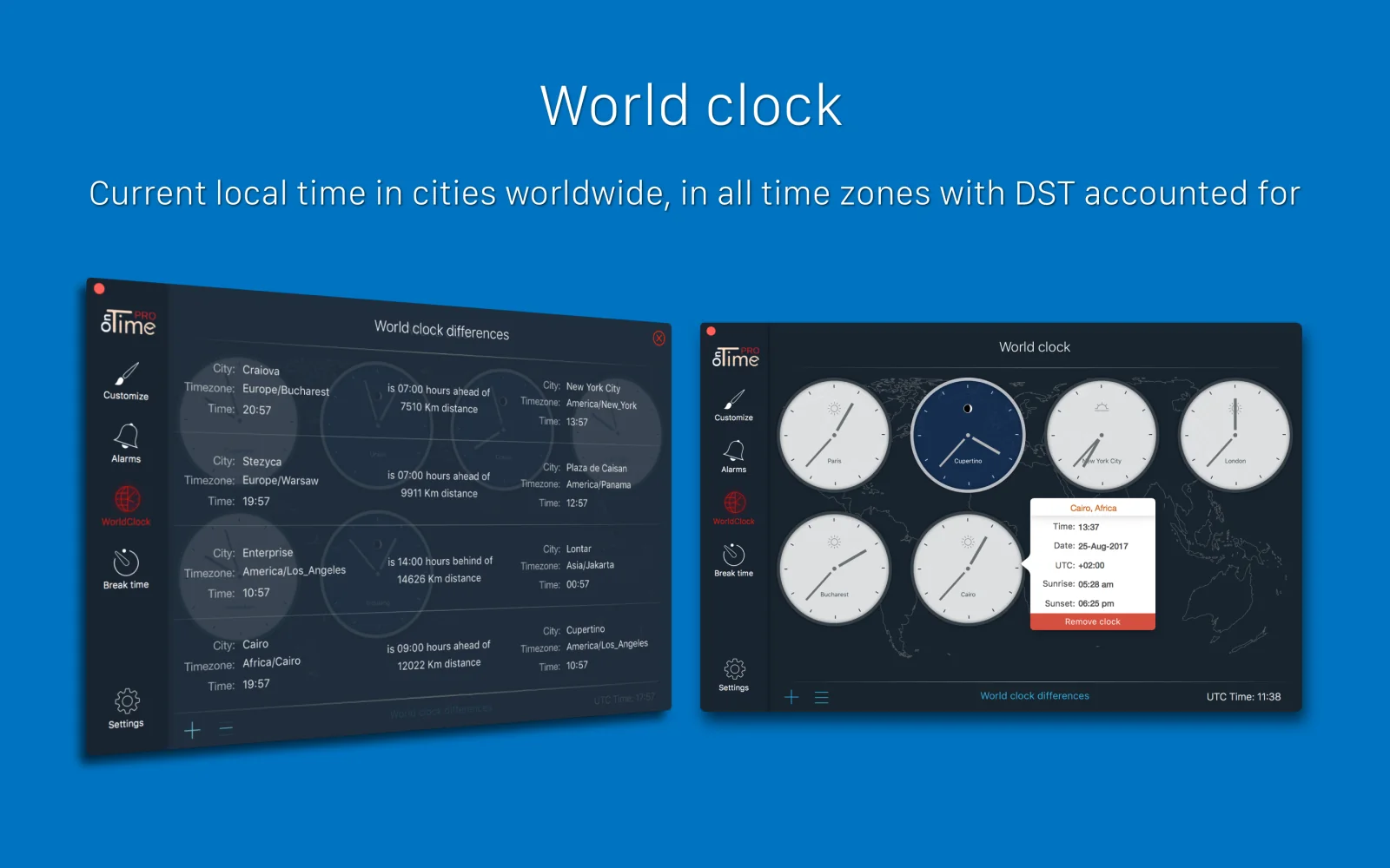 OnTime PRO world-clock dashboard and city time-difference comparison