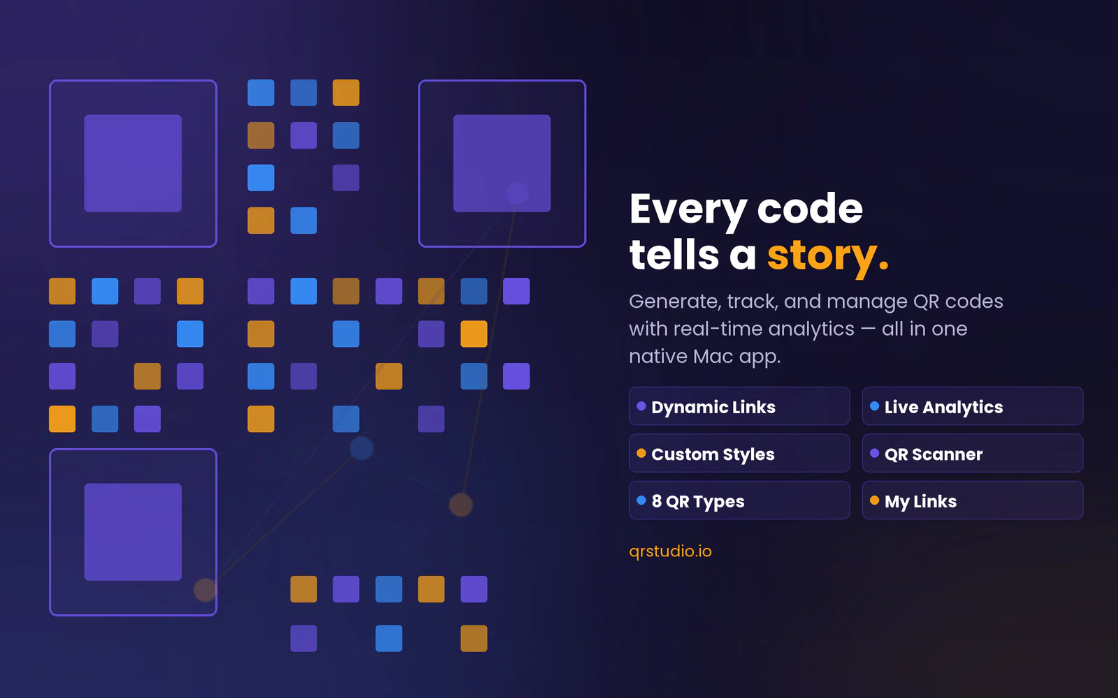 QR Studio overview highlighting dynamic links, live analytics, custom styles, QR types, and the scanner