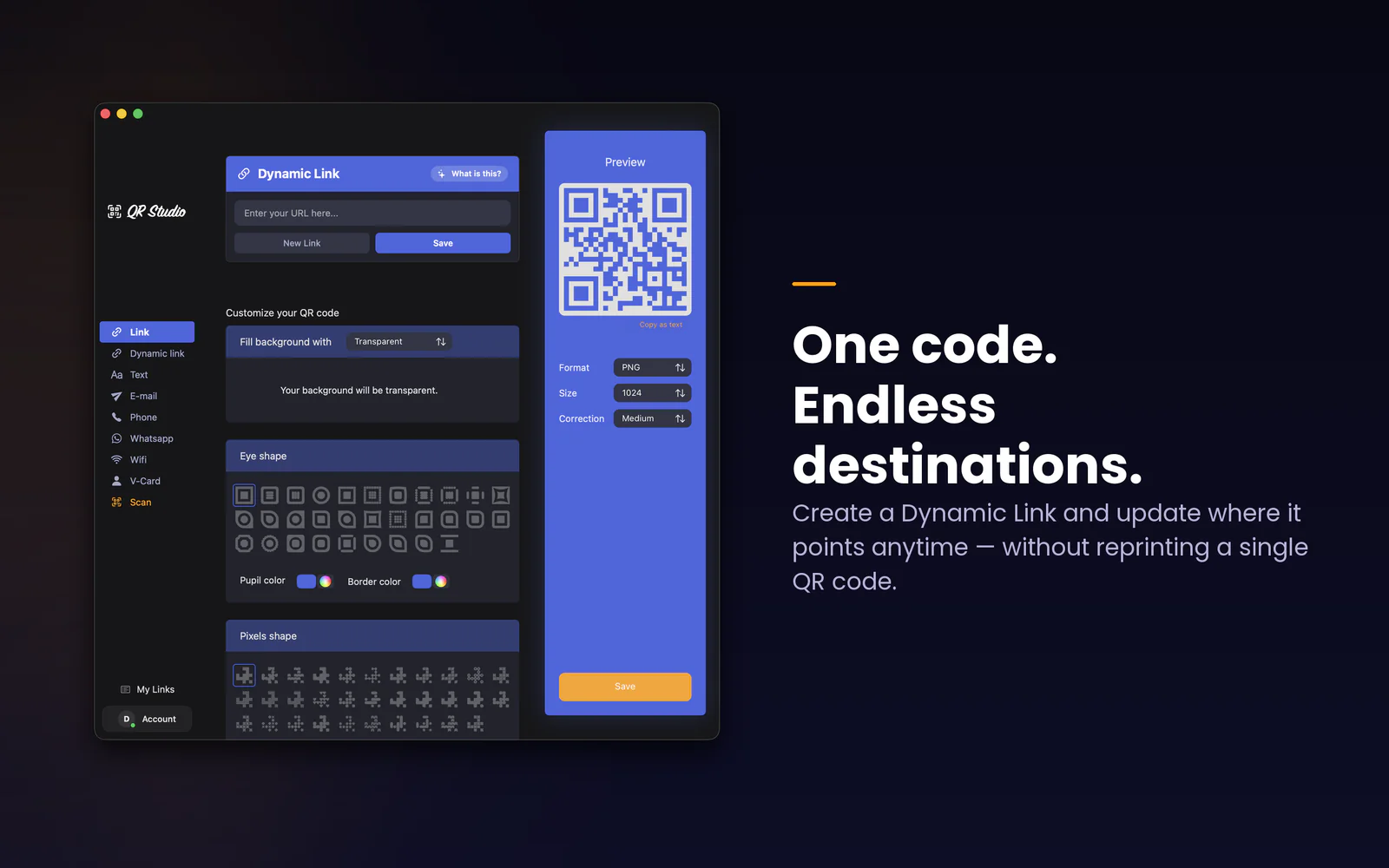 QR Studio dynamic-link editor showing a QR code whose destination can be updated