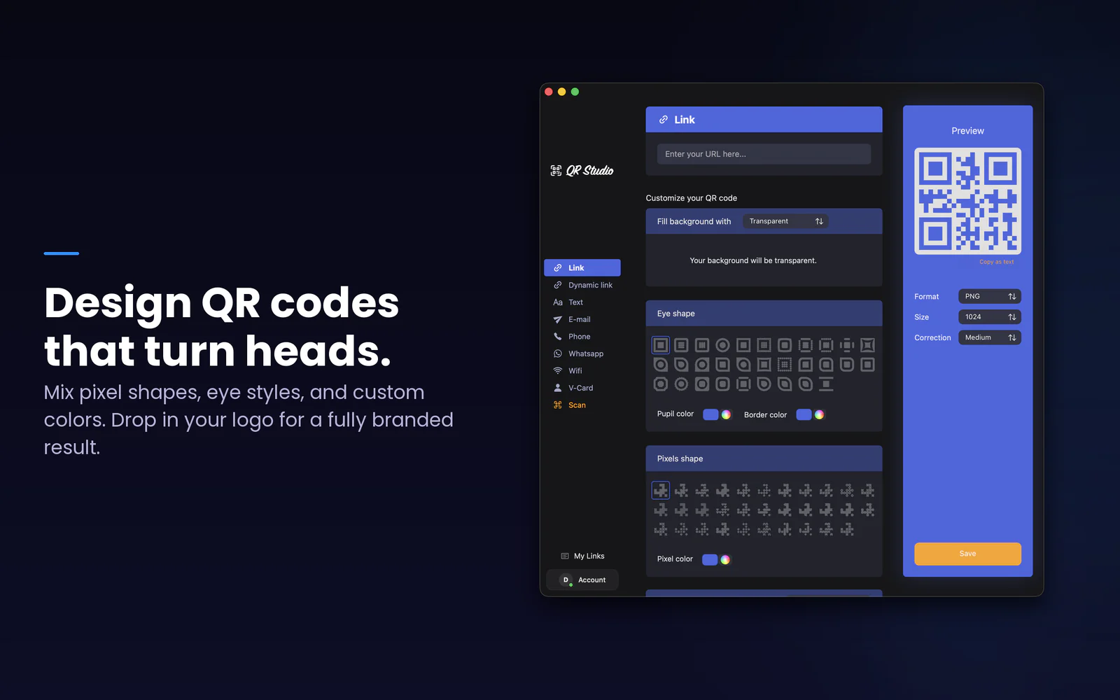 QR Studio visual QR designer with pixel shapes, eye styles, colours, and a live preview