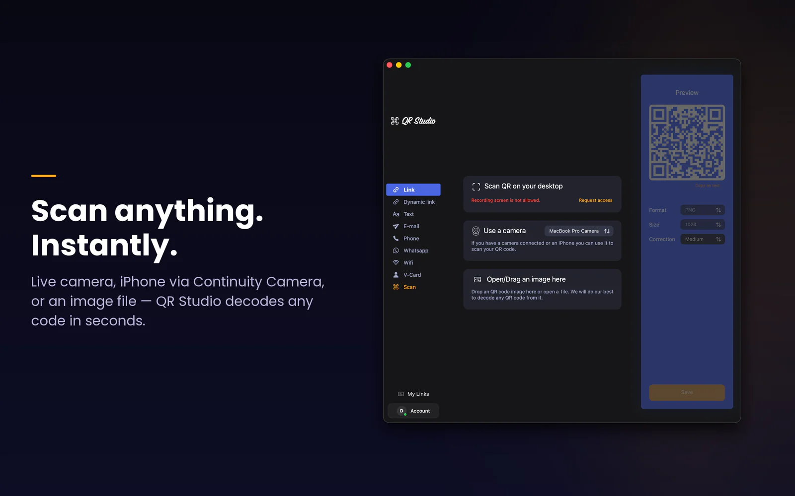 QR Studio scanner offering screen, camera, and image-file QR code scanning